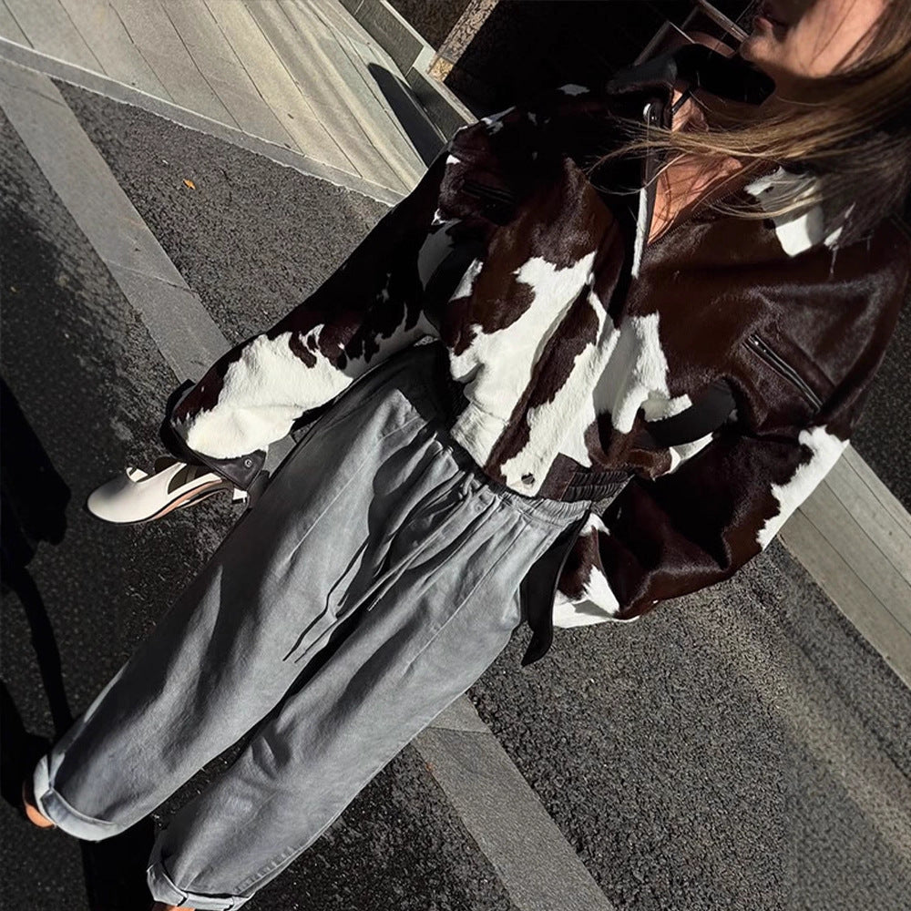 Women Short Cut Boxy Faux Fur Jacket in Cow Spot Pattern Mune Fashion