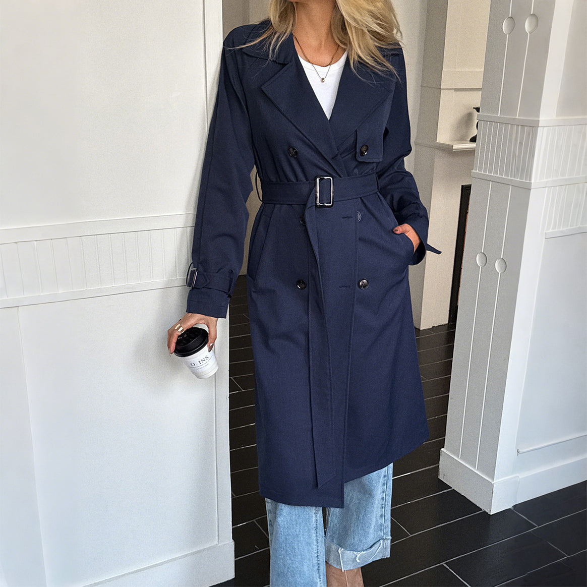 Women's classic trench coat with double row, waist belt, adjustable cuffs, and straight button placket Mune Fashion