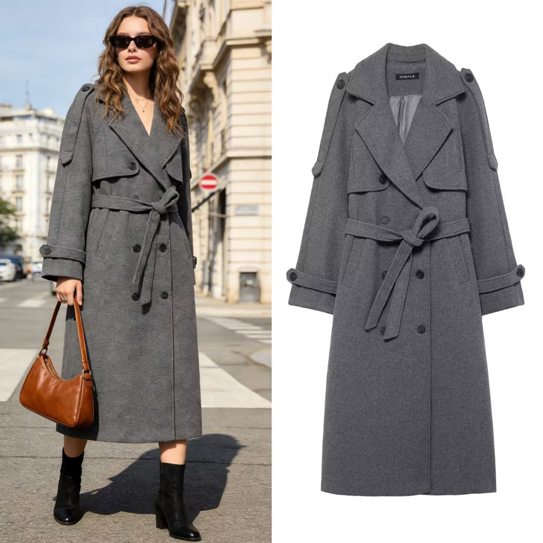 Women's long double-breasted wool coat with belted waist and shoulder flaps Mune Fashion