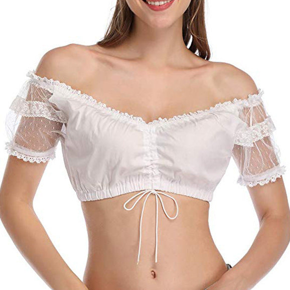 Women's short Carmen blouse with lace sleeves and gathered drawstring Mune Fashion