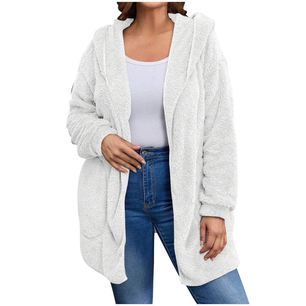 Women's cozy teddy fleece hooded jacket with large patch pockets and relaxed silhouette Mune Fashion
