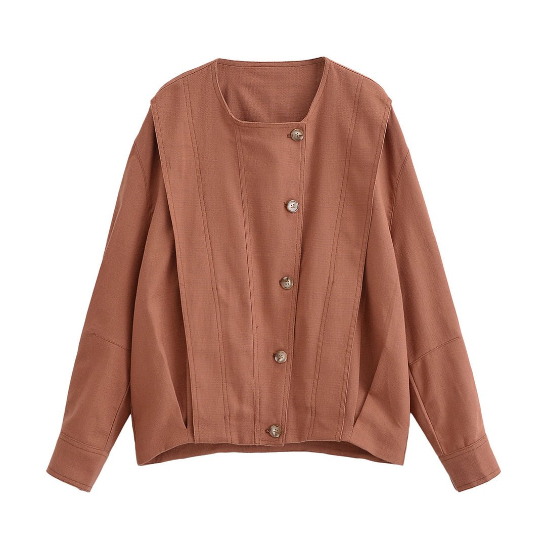 Women's Boxy Transitional Jacket with Round Neck, Decorative Stitching and Visible Button Placket Mune Fashion