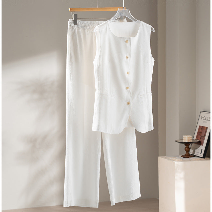 Women's Wide Linen Look Pants with Drawstring and Palazzo Cut Mune Fashion