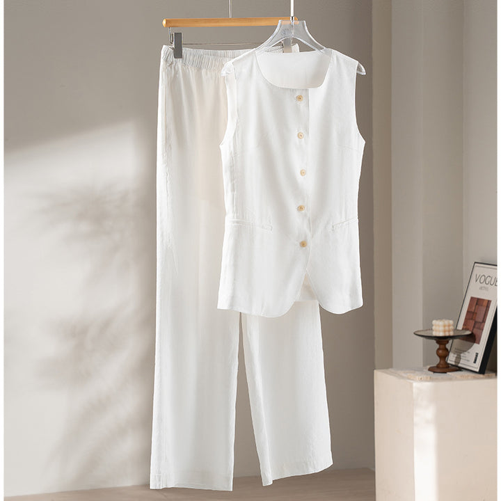 Women's Wide Linen Look Pants with Drawstring and Palazzo Cut Mune Fashion
