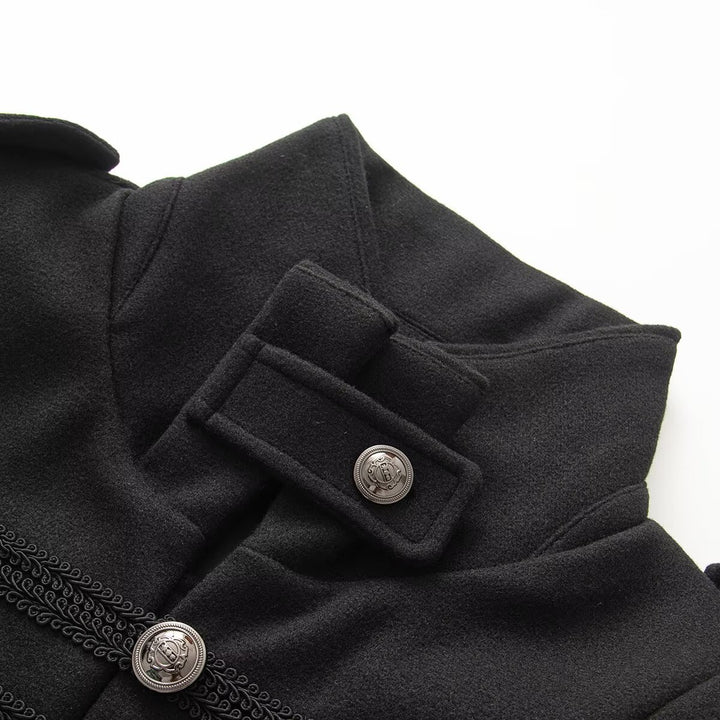 Ladies Short Military Inspired Blouson with Stand-up Collar Decorative Cords and Metal Button Placket Drune