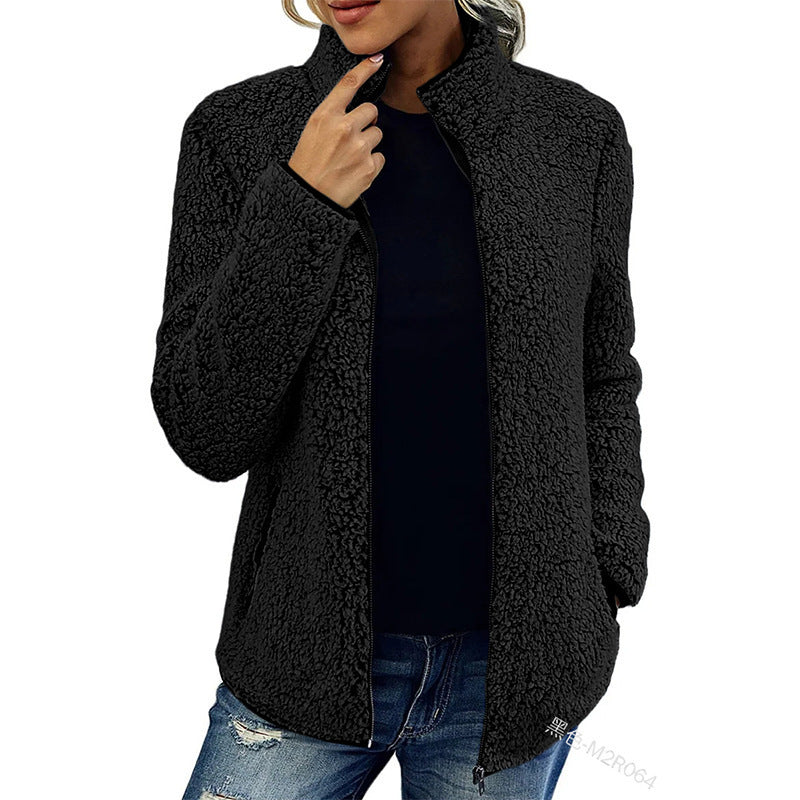 Women cozy teddy fleece jacket with stand-up collar and zipper Mune Fashion