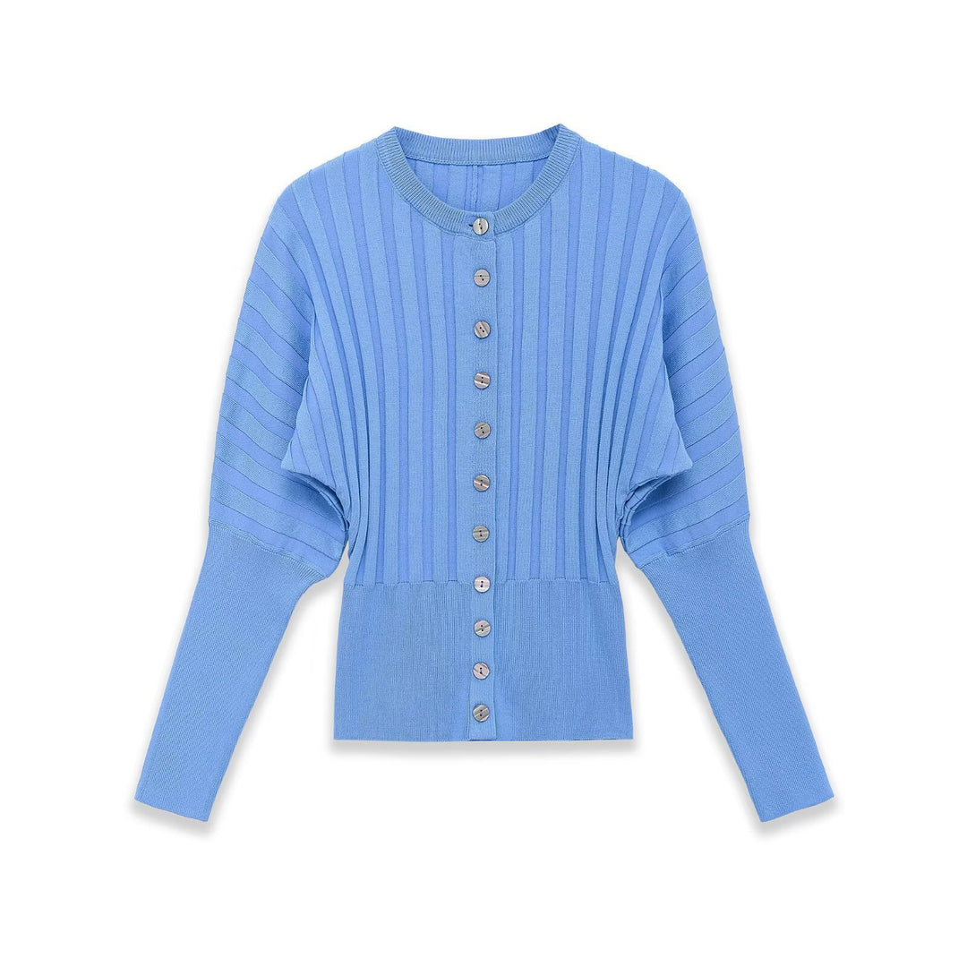 Women Ribbed Knit Cardigan with Balloon Sleeves and Continuous Button Placket Mune Fashion