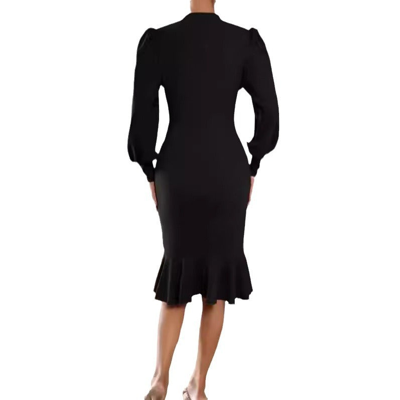 Women's tailored pencil midi dress with stand-up collar, balloon sleeves and bell ruffle Mune Fashion