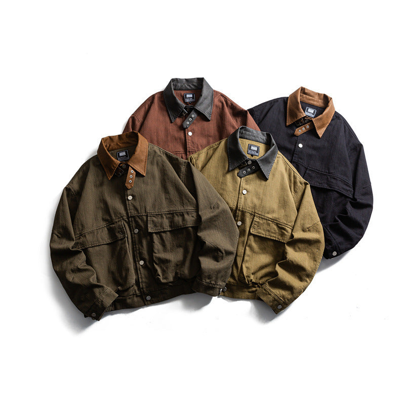 Men's Boxy Worker Canvas Jacket with Cord Collar, Snap Placket and Placed Flap Pockets Mune Fashion