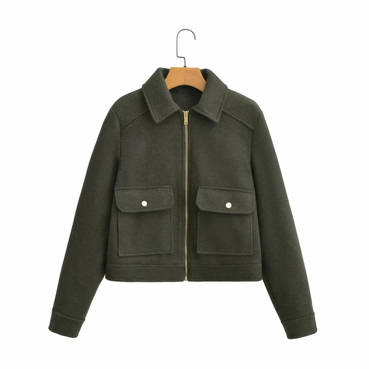 Women nan boxy wool blend shacket with concealed metal zipper, shirt collar, and patch pockets Mune Fashion