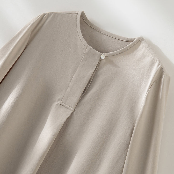 Women's Casual Long Sleeve Blouse with Hidden Button Placket, Stand Collar and Layered Hem Mune Fashion