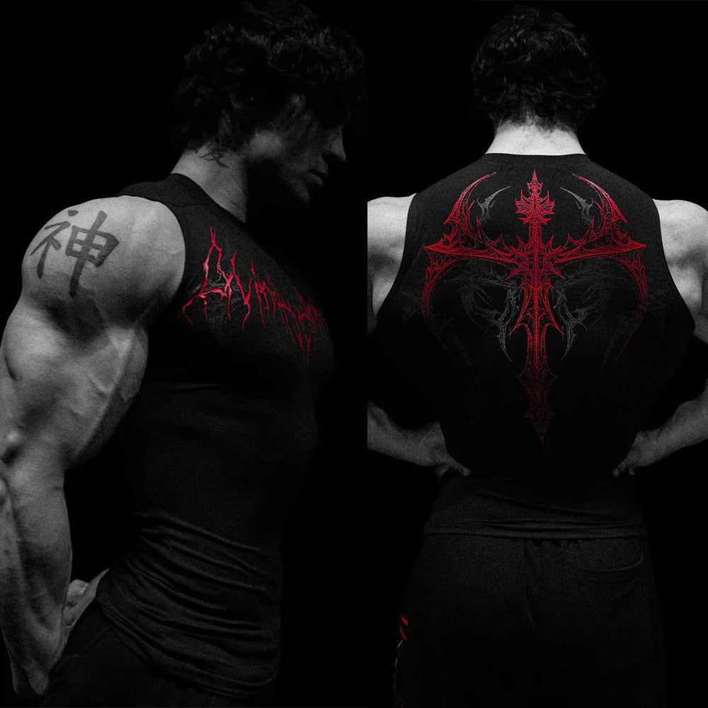 Men's form-fitting training tank top with deep armholes and intricate back print Mune Fashion