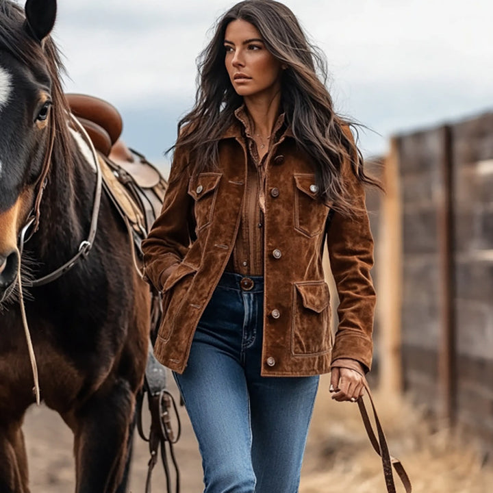Women's short jacket in ranch-worker look made of suede look with flap pockets and visible button placket Mune Fashion