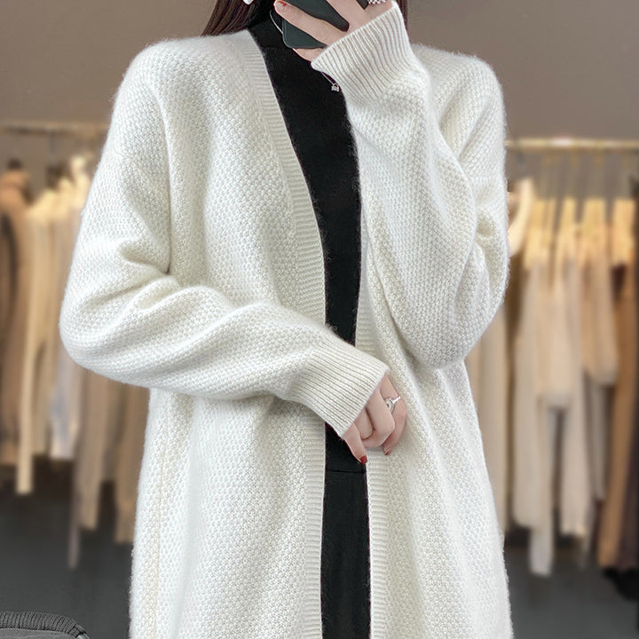 Women’s Long Open Knit Cardigan with Seed Pattern and Ribbed Edges Mune Fashion