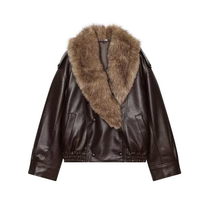 Women’s short-cut leather jacket with full fur collar and elastic hem Mune Fashion