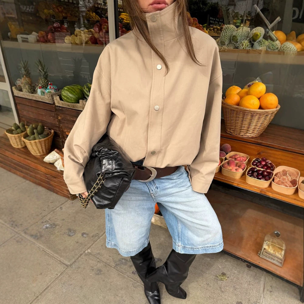 Women Short Boxy Canvas Jacket with High Stand-Up Collar and Snap Button Placket Mune Fashion