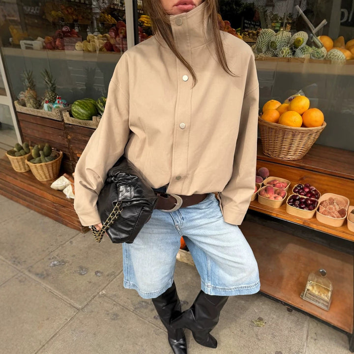 Women Short Boxy Canvas Jacket with High Stand-Up Collar and Snap Button Placket Mune Fashion