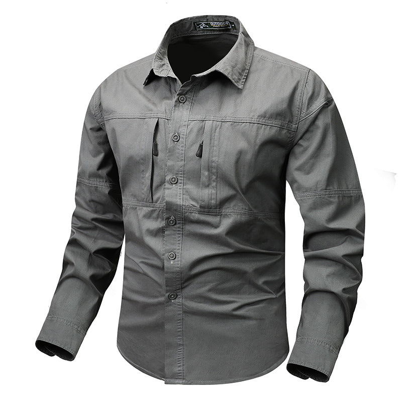 Men's rugged utility shirt with hidden zip pockets, reinforced seams, and classic spread collar Mune Fashion