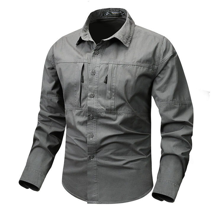 Men's rugged utility shirt with hidden zip pockets, reinforced seams, and classic spread collar Mune Fashion