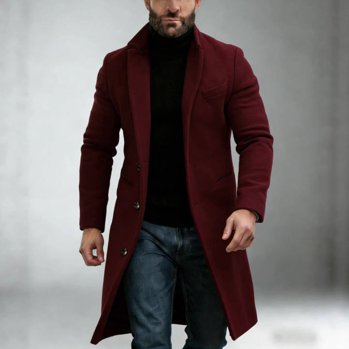 Men's Elegant Single-Breasted Long Coat Made of Wool Blend with Slim Silhouette and Lapel Collar Mune Fashion