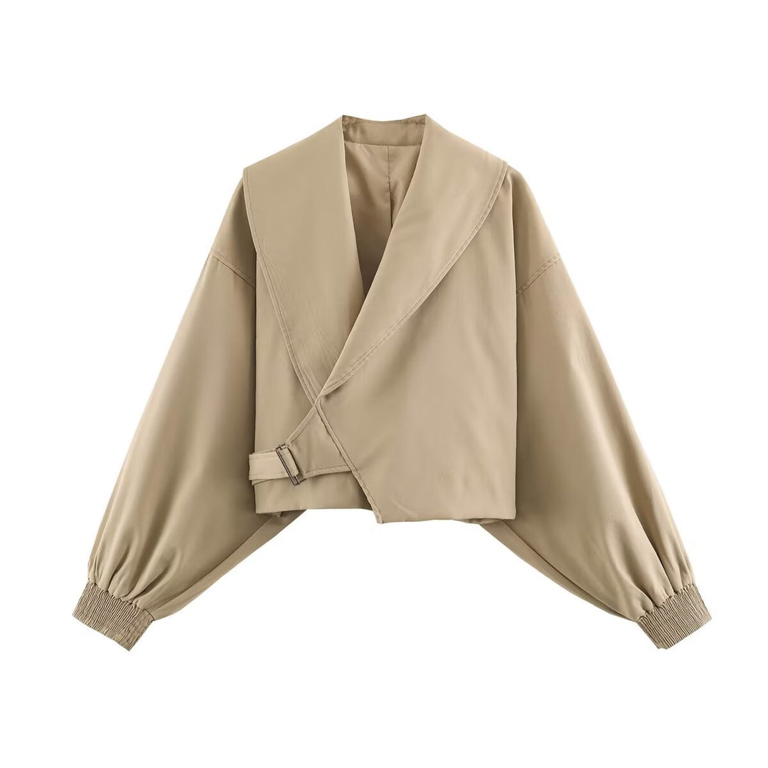 Women Short Cut Wrap Jacket with Large Shawl Collar, Waist Tie and Balloon Sleeves Mune Fashion