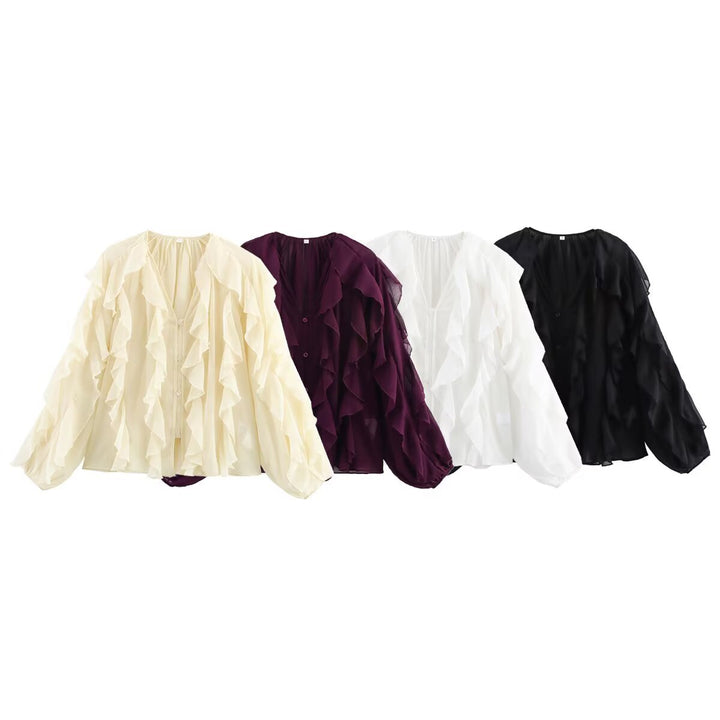 Women's Chiffon Blouse with Ruffles and Balloon Sleeves Mune Fashion