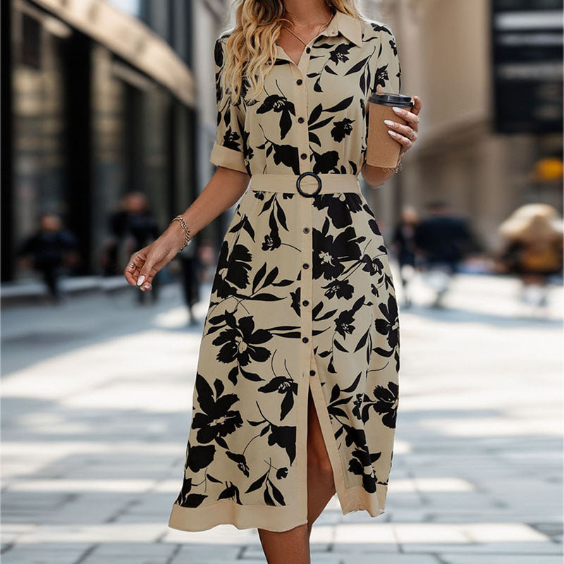 Women's Tailored Blouse Dress with Waist Belt, Front Button Placket and Front Slit Mune Fashion