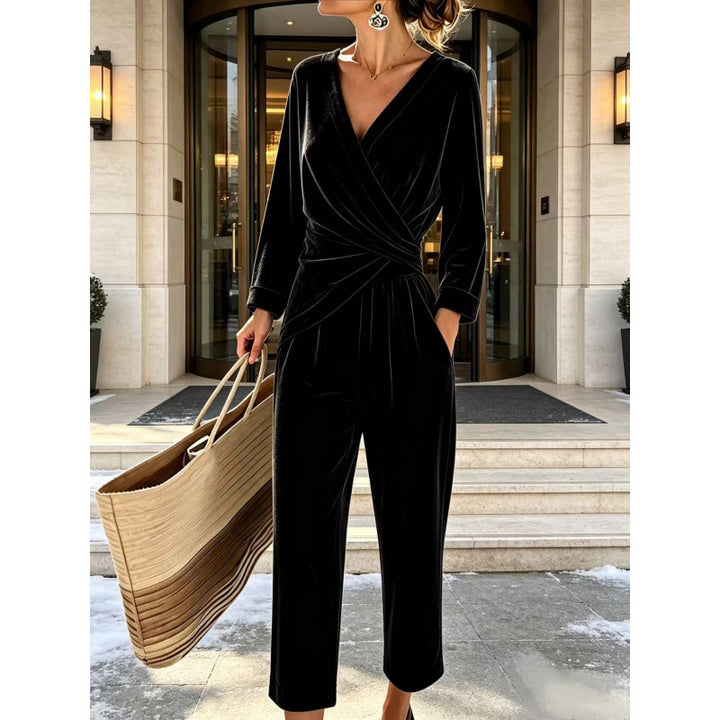 Women's velvet jumpsuit with wrap top, tailored draping, and wide ankle-length leg Mune Fashion