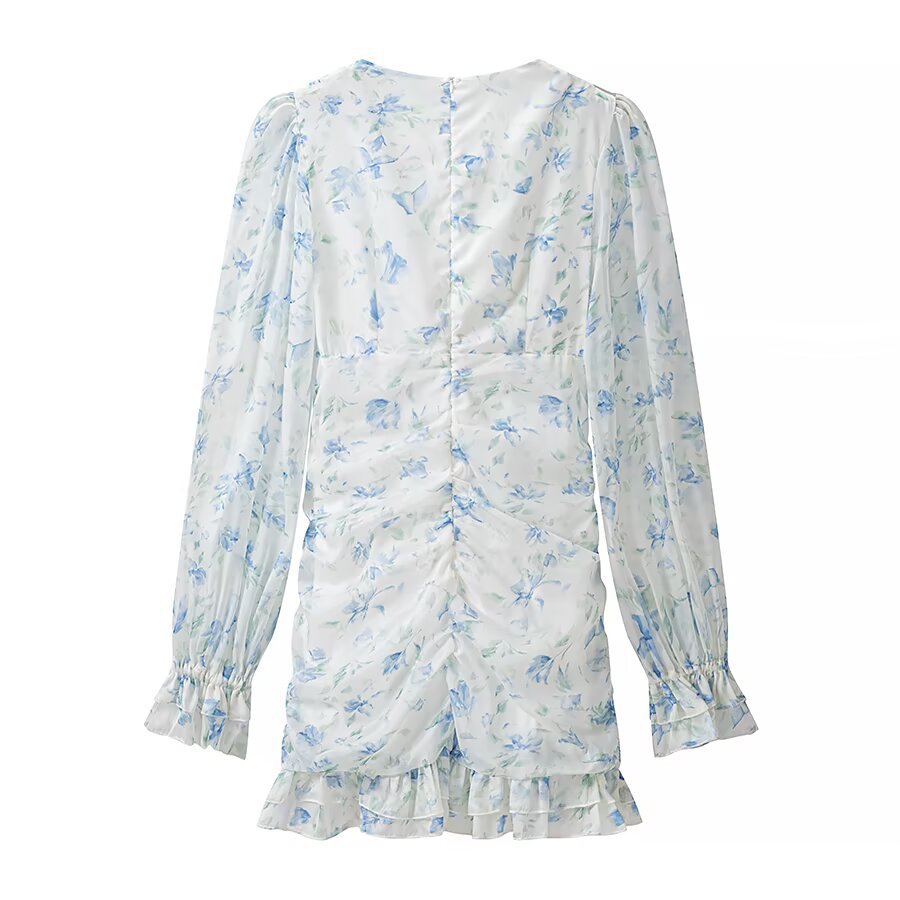 Women's gathered mini dress with V-neck, ruffles and floral appliqué Mune Fashion