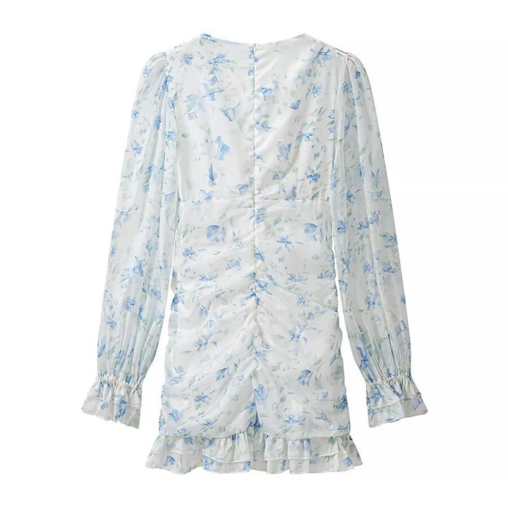Women's gathered mini dress with V-neck, ruffles and floral appliqué Mune Fashion