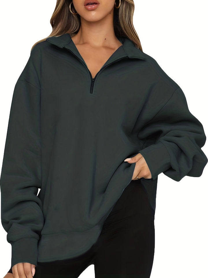 Women nan Oversized Sweatshirt with Short Zip, Stand-up Collar and Kangaroo Pocket Mune Fashion