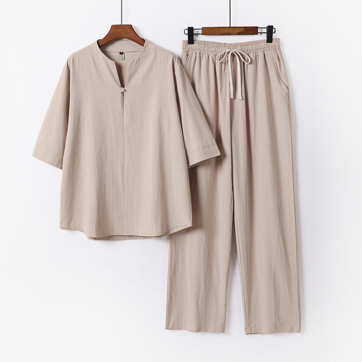 Unisex Lockeres Lounge Set with Stand Collar Half Sleeve Shirt and Elastic Waist Pants Mune Fashion