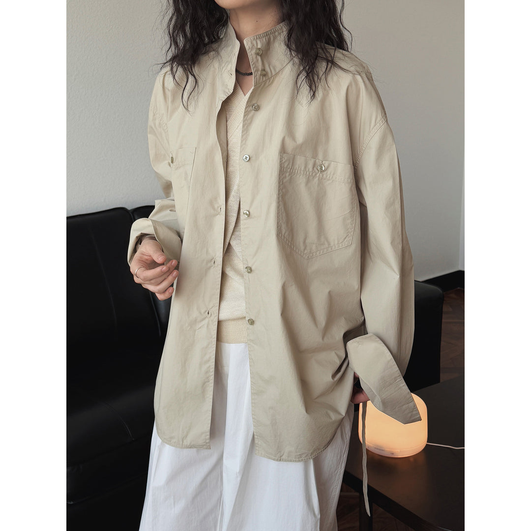 Women's Relaxed Shirt Jacket in Boxy Cut with Stand Collar and Chest Pocket Mune Fashion