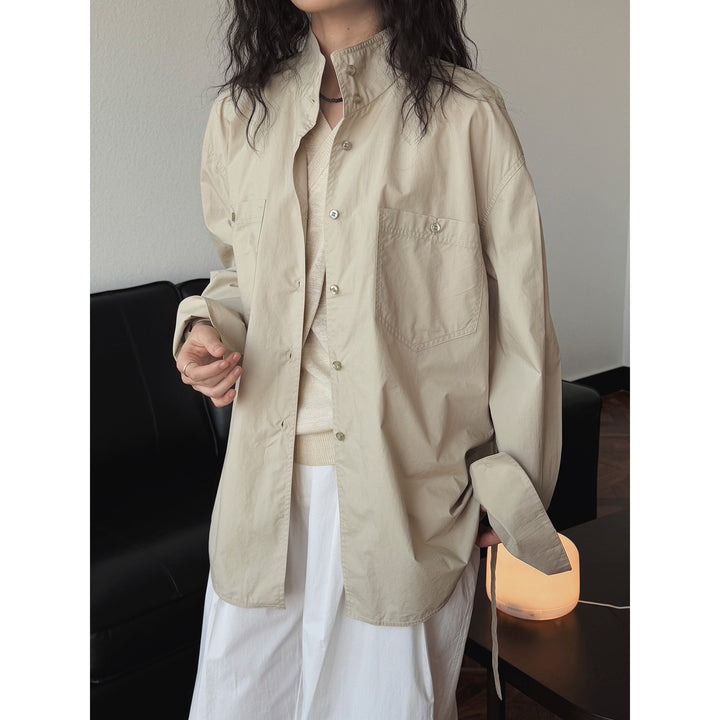 Women's Relaxed Shirt Jacket in Boxy Cut with Stand Collar and Chest Pocket Mune Fashion