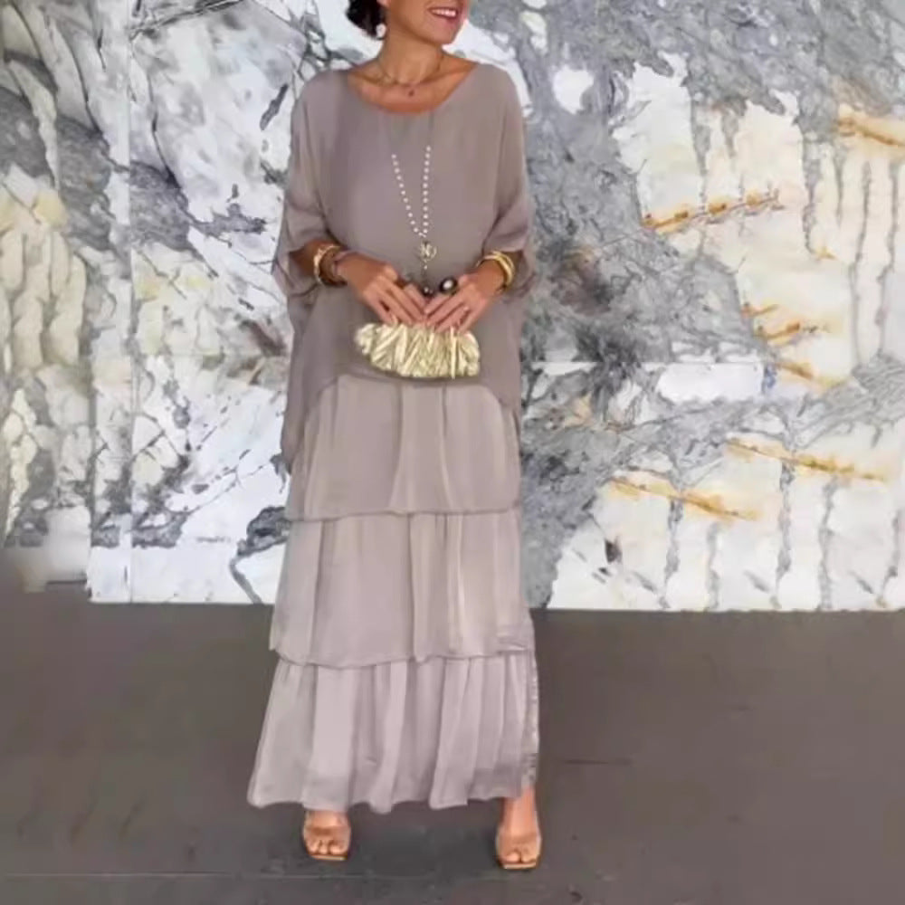Women's layered tiered maxi dress with wide batwing top and tiered ruffle skirt Mune Fashion
