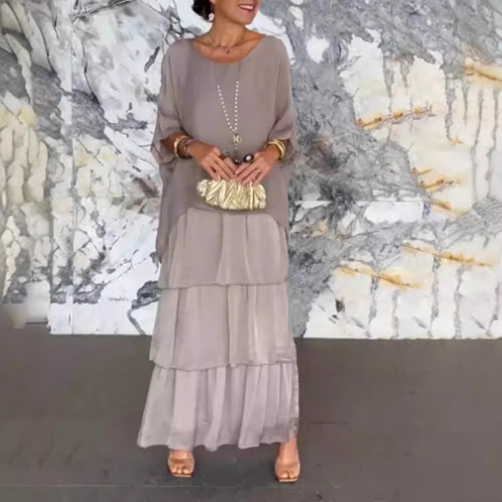 Women's layered tiered maxi dress with wide batwing top and tiered ruffle skirt Mune Fashion