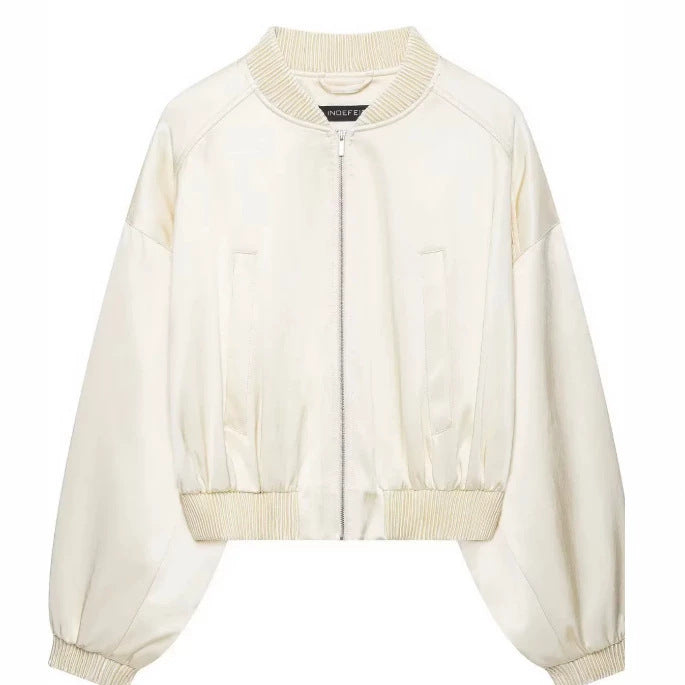 Women Lightweight Cropped Bomber Jacket in Satin Look with Ribbed Cuffs and Drop Shoulder Mune Fashion