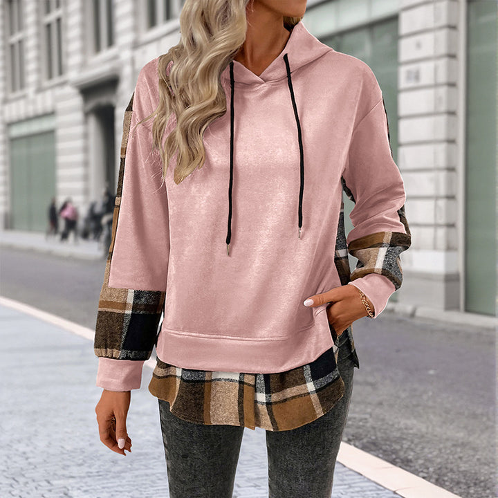 Women Casual Hoodie with Checkered Sleeves Mune Fashion
