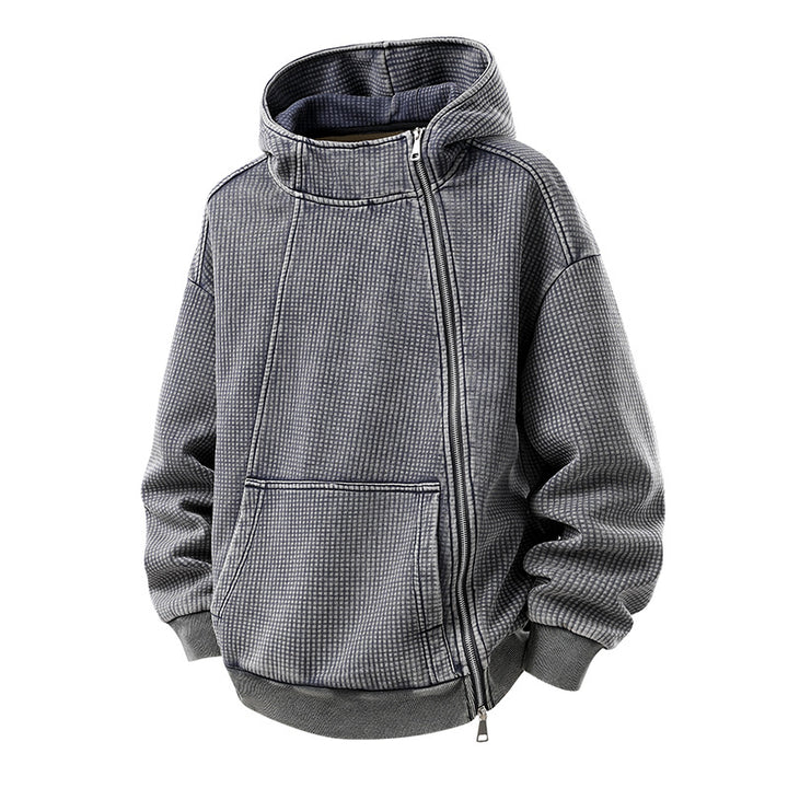 Men's Oversize Waffle Structure Hooded Jacket with High Funnel Collar and Diagonal Zipper Mune Fashion