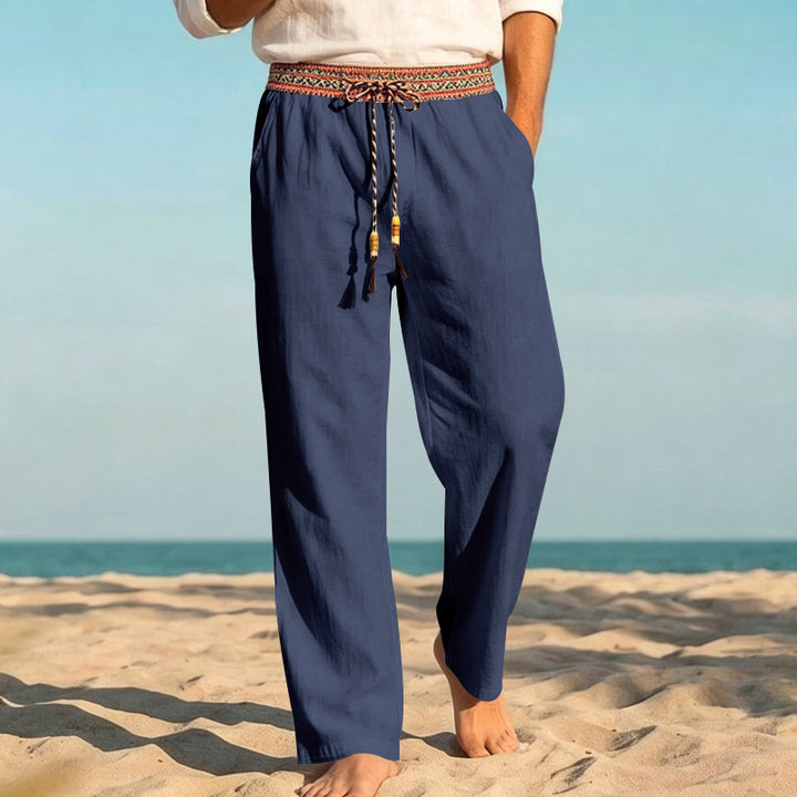 Men's Linen Look Casual Trousers with Embroidered Drawstring Waistband and Drawstring