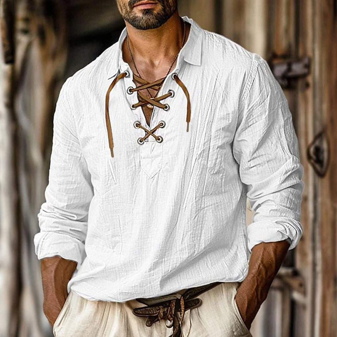 Men's rustic linen long sleeve shirt with V-lacing and textured weave structure Mune Fashion