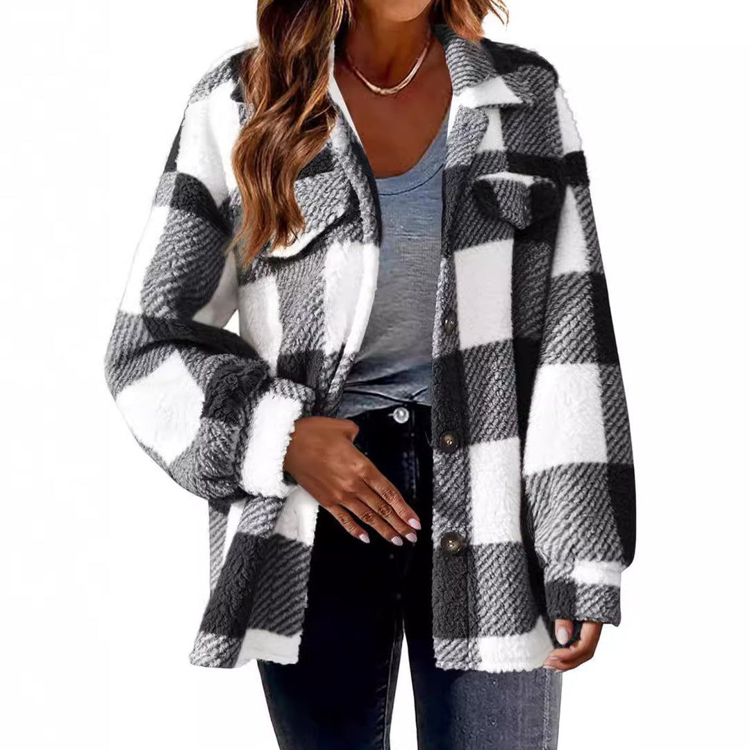 Women's cozy Sherpa check transitional jacket with chest pockets and generous oversized cut Mune Fashion