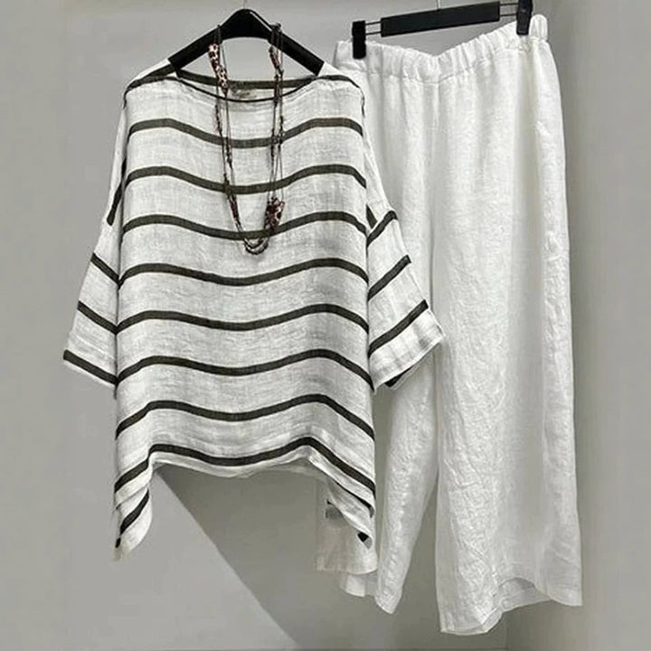 Women's casual linen set with asymmetrical striped blouse and wide elastic waistband pants Mune Fashion