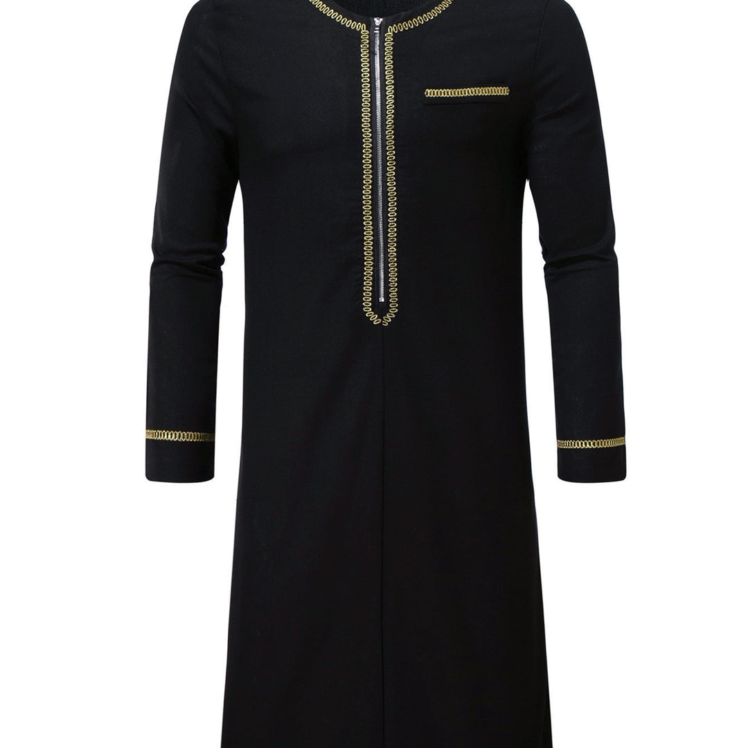 Men's Elegant Long Tunic with Round Neckline, Front Zipper and Golden Decorative Embroidery Mune Fashion
