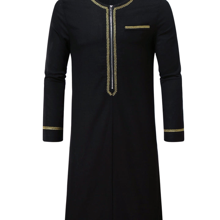 Men's Elegant Long Tunic with Round Neckline, Front Zipper and Golden Decorative Embroidery Mune Fashion