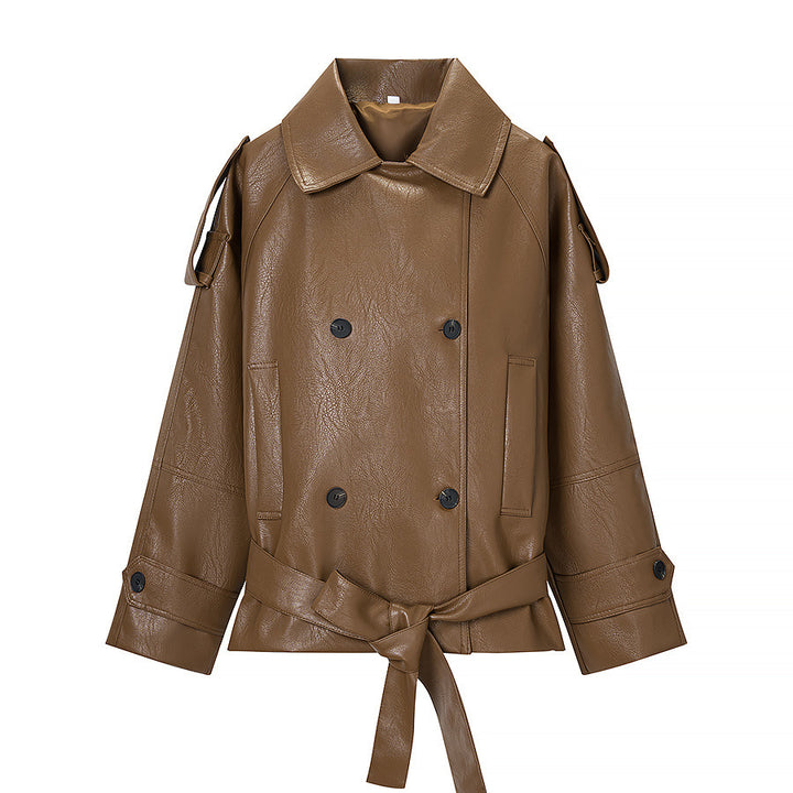 Women's short double-breasted faux leather trench jacket with belt and shoulder straps Mune Fashion