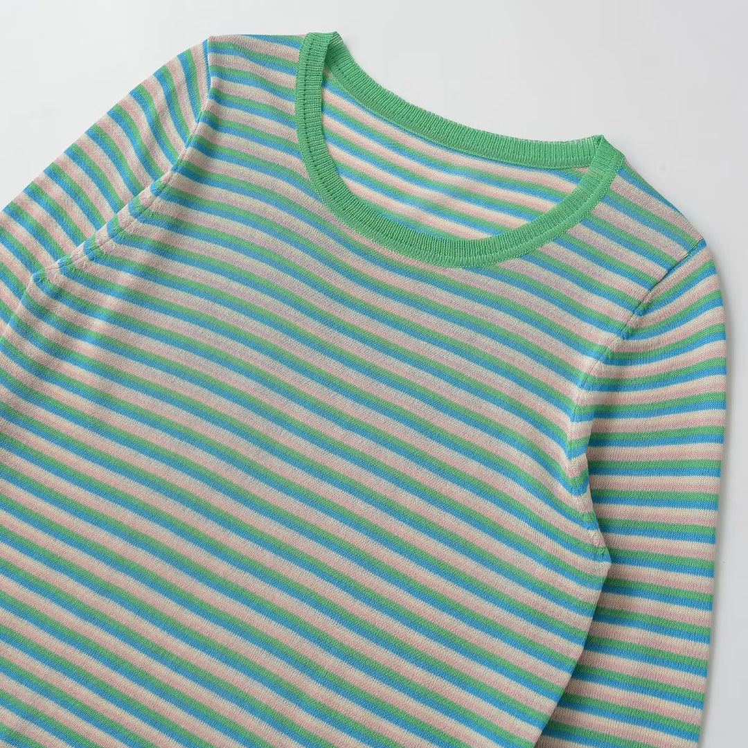 Women Striped Fine Knit Long Sleeve Shirt with Round Neckline and Figure Flattering Silhouette Mune Fashion