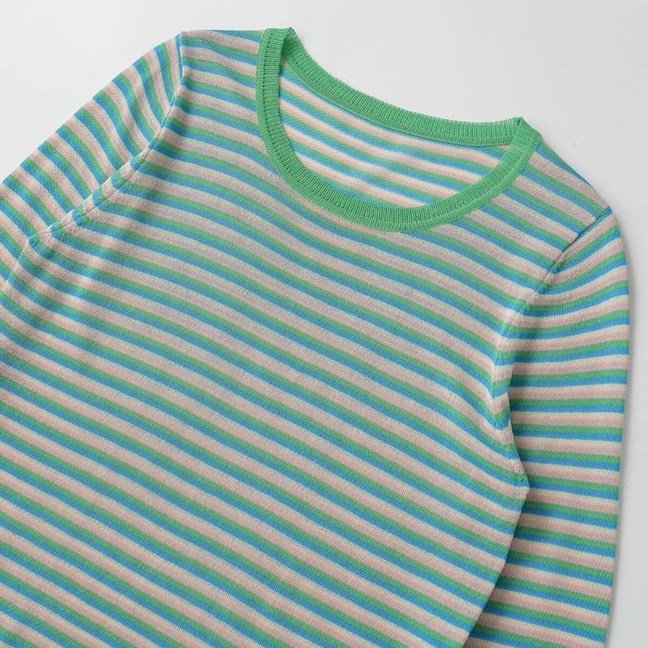 Women Striped Fine Knit Long Sleeve Shirt with Round Neckline and Figure Flattering Silhouette Mune Fashion