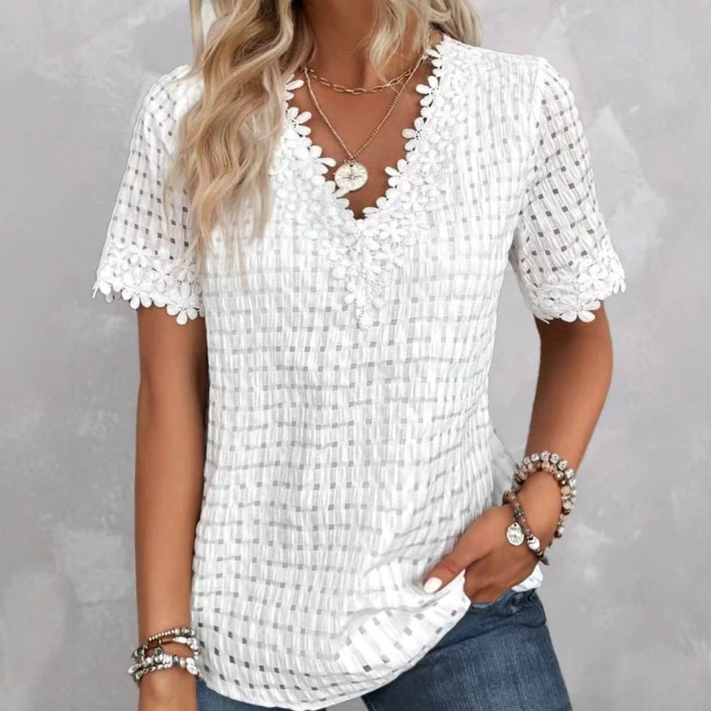 Women's lightweight structured shirt with check mesh, decorative lace trim at the V-neck and short sleeve hems Mune Fashion