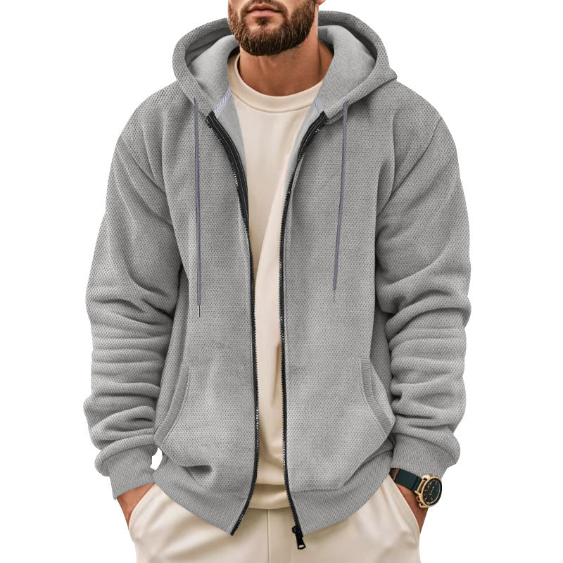 Men's waffle structure hooded jacket with full zip, concealed side pockets, and ribbed hem Mune Fashion